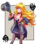  1girl ahoge blonde_hair breasts cleavage commentary hat iesupa military_jacket one_eye_closed pantyhose prosthesis prosthetic_arm rwby seiyuu_connection shorts solo top_hat violet_eyes yang_xiao_long 