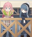  2girls agaki_anko ahoge beanie black_legwear blue_eyes blue_hair coat hair_between_eyes hair_ornament hairclip hat head_rest highres jacket kagamihara_nadeshiko leaning_against_railing long_hair multiple_girls open_mouth pantyhose pink_hair railing scarf shima_rin shorts sidelocks smile violet_eyes winter_clothes yurucamp 