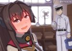  1boy 1girl admiral_(kantai_collection) belt black_hair blush brown_hair bucket commentary electric_fan faceless faceless_male full-face_blush hat kantai_collection misumi_(niku-kyu) open_mouth peaked_cap red_eyes sweat sweating twitter_username type_91_armor-piercing_shell wavy_mouth yamato_(kantai_collection) 