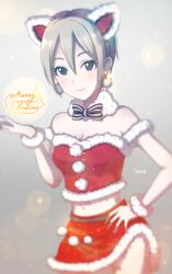  1girl :3 animal_ears artist_name bare_shoulders black_bow black_eyes blush bow breasts cat_ears christmas cleavage closed_mouth collarbone earrings eyebrows_visible_through_hair fake_animal_ears grey_hair hand_on_hip highres idolmaster idolmaster_cinderella_girls inika jewelry looking_at_viewer medium_breasts merry_christmas red_skirt santa_costume shiomi_shuuko skirt smile solo striped striped_bow white_bow 