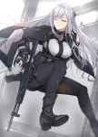 1girl absurdres ak-12 ak-12_(girls_frontline) ankle_boots assault_rifle bangs belt black_cape black_footwear black_gloves black_jacket black_pants boots braid breasts cape closed_mouth collar dated eyebrows_visible_through_hair floating_hair french_braid girls_frontline gloves gun half-closed_eye highres holding holding_gun holding_weapon jacket jacket_on_shoulders jumping long_hair long_sleeves looking_at_viewer medium_breasts one_eye_closed open_clothes open_jacket pale_skin pants partly_fingerless_gloves pouch rifle shadow sidelocks signature simple_background smile snow snowing straight_hair strap trigger_discipline underbust uniform violet_eyes walking weapon white_hair zhishi_ge_fangzhang 