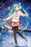  1girl :d aqua_eyes aqua_hair artist_name bangs black_legwear blush boots brown_gloves character_name commentary_request earmuffs eyebrows_visible_through_hair ferris_wheel forest full_body gloves hair_ornament hatsune_miku jacket long_hair long_sleeves looking_at_viewer nature night night_sky official_art one_leg_raised open_mouth outdoors outstretched_arms pantyhose round_teeth shirako_miso skirt sky smile snow snowing solo standing standing_on_one_leg star_(sky) teeth tree twintails very_long_hair vocaloid winter winter_clothes 