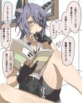  1girl black_gloves book collared_shirt commentary_request eyepatch gloves headgear highres holding holding_book kantai_collection kirisaki_seeker partially_fingerless_gloves purple_hair remodel_(kantai_collection) shirt short_hair sleeveless sleeveless_shirt solo tenryuu_(kancolle) thought_bubble translation_request white_shirt yellow_eyes 