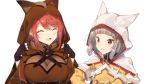  2girls animal_ears bangs blunt_bangs blush bodysuit breasts cat_ears earrings gloves hair_ornament pyra_(xenoblade) jewelry multiple_girls niyah red_eyes redhead ribbon short_hair silver_hair simple_background smile white_gloves xenoblade xenoblade_2 yappen yellow_bodysuit yellow_eyes 