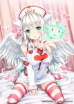  1girl :3 :o akkijin angel_wings animal_ears bangs bare_shoulders bed between_legs blown_kiss blush border breasts cat_ears cat_tail catcine_(shinkai_no_valkyrie) curtains detached_sleeves dress feathers foreshortening full_body green_eyes hand_between_legs hat heart indoors large_breasts long_hair looking_at_viewer no_shoes nurse nurse_cap official_art on_bed open_mouth outstretched_arm paw_print red_legwear shinkai_no_valkyrie short_dress sitting sleeves_past_wrists solo sparkle spread_legs striped striped_legwear syringe tail thigh-highs very_long_hair wariza white_hair white_legwear wings zettai_ryouiki 