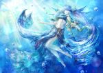  1girl anklet aqua aqua_eyes aqua_hair barefoot bikini_top blue_skirt breasts bubble closed_mouth commentary commentary_request day expressionless fish_tail hair_ornament highres jewelry legs long_hair long_skirt midriff navel ningyo_hime_(sinoalice) signature sinoalice skirt small_breasts solo sunlight twintails underwater very_long_hair wariko white_skin 