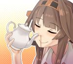  1girl brown_hair closed_eyes commentary_request kantai_collection kongou_(kantai_collection) misumi_(niku-kyu) smile solo tea teapot you&#039;re_doing_it_wrong 