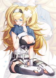  1girl blonde_hair blue_eyes blue_shirt breast_pocket breasts cleavage full_body gambier_bay_(kantai_collection) gloves hair_between_eyes highres kantai_collection kinsenka_momi large_breasts long_hair looking_at_viewer multicolored multicolored_clothes multicolored_shorts open_mouth pocket shirt shorts sitting solo thigh-highs twintails white_gloves white_legwear yokozuwari zoom_layer 