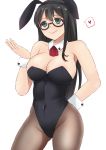  1girl animal_ears ascot black_hair black_leotard breasts brown_legwear bunny_girl bunny_tail bunnysuit cleavage commentary_request detached_collar fishnet_pantyhose fishnets green_eyes heart highres kamikitayotsuba kantai_collection large_breasts leotard long_hair ooyodo_(kantai_collection) pantyhose rabbit_ears red_neckwear simple_background solo spoken_heart strapless strapless_leotard tail white_background wrist_cuffs 