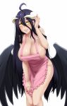  1girl ahoge albedo apron black_hair black_wings blush breasts cleavage cowboy_shot demon_girl demon_horns feathered_wings hair_between_eyes horns large_breasts leaning_forward long_hair looking_at_viewer low_wings naked_apron overlord_(maruyama) parted_lips pink_apron simple_background smile solo twrlare white_background wings yellow_eyes 