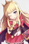  1girl ;) blonde_hair blush book bracer cagliostro_(granblue_fantasy) cape cowboy_shot finger_to_mouth gem granblue_fantasy highres ichijou_(kr_neru0) jewelry looking_at_viewer one_eye_closed red_skirt skirt smile solo spiked_hairband spikes tiara violet_eyes 