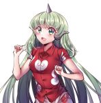  1girl :d buttons cloud_print collared_shirt eyebrows_visible_through_hair eyes_visible_through_hair fang gem_oblivion green_eyes green_hair highres horn kariyushi_shirt komano_aun long_hair looking_at_viewer open_mouth paw_pose red_shirt shirt short_sleeves simple_background smile solo touhou upper_body very_long_hair white_background 