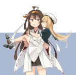  2girls :d ahoge annin_musou bare_shoulders black_skirt blonde_hair blue_eyes brown_hair carrying commentary detached_sleeves hairband hat headgear highres japanese_clothes jervis_(kantai_collection) kantai_collection kongou_(kantai_collection) long_hair multiple_girls nontraditional_miko open_mouth pleated_skirt princess_carry remodel_(kantai_collection) ribbon-trimmed_sleeves ribbon_trim short_sleeves skirt smile violet_eyes white_hat wide_sleeves 