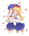  2girls :d ^_^ aikatsu! bangs blonde_hair blue_eyes blue_hair blue_scrunchie blue_skirt blush closed_eyes cropped_legs eyebrows_visible_through_hair hair_ornament hair_ribbon hair_scrunchie heart heart_background highres hoshimiya_ichigo hug hug_from_behind kiriya_aoi long_hair makiaato multiple_girls open_mouth pleated_skirt puffy_short_sleeves puffy_sleeves red_ribbon ribbon school_uniform scrunchie serafuku shirt short_sleeves side_ponytail simple_background skirt smile very_long_hair white_background white_shirt yuri 