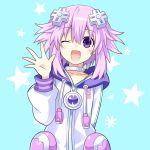  1girl d-pad d-pad_hair_ornament hair_ornament hand_up highres looking_at_viewer neptune_(choujigen_game_neptune) neptune_(series) official_style one_eye_closed open_mouth purple_hair short_hair smile violet_eyes zero_(ray_0805) 