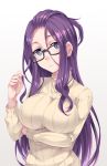  1girl bangs_pinned_back black-framed_eyewear breast_hold breasts closed_mouth commentary_request crossed_arms eyelashes fingernails glasses hair_between_eyes hair_twirling hand_up highres kagamihara_sakura large_breasts long_hair long_sleeves looking_at_viewer mukunokino_isshiki purple_hair ribbed_sweater sidelocks simple_background solo standing sweater turtleneck turtleneck_sweater very_long_hair violet_eyes white_background yellow_sweater yurucamp 