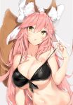  1girl :o animal_ears bangs bare_arms bare_shoulders bikini black_bikini black_ribbon blush bow breasts cleavage collarbone eyebrows_visible_through_hair fang fate/extra fate_(series) fox_ears fox_girl fox_tail front-tie_bikini front-tie_top grey_background hair_between_eyes hair_bow head_tilt highres large_breasts leaf long_hair looking_at_viewer navel open_mouth parted_lips pink_hair pulled_by_self ribbon shiny shiny_hair shiny_skin silver_(chenwen) simple_background solo stomach strap_lift strap_pull swimsuit tail tamamo_(fate)_(all) tamamo_no_mae_(fate) under_boob upper_body very_long_hair white_bow yellow_eyes 