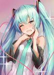 1girl ;d aqua_eyes aqua_hair aqua_neckwear bangs bare_shoulders blush breasts collared_shirt detached_sleeves eyebrows_visible_through_hair gradient gradient_background grey_shirt half-life hand_on_own_face hands_on_own_face hatsune_miku highres long_hair long_sleeves looking_at_viewer necktie one_eye_closed open_mouth round_teeth shiny shiny_hair shirt smile solo takanashi_kei_(hitsujikan) teeth twintails very_long_hair vocaloid wing_collar 