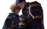  2boys armor blue_hair cape eliwood_(fire_emblem) fire_emblem fire_emblem:_rekka_no_ken forehead-to-forehead gloves hand_holding hector_(fire_emblem) highres multiple_boys redhead short_hair zzzdjgbtq 