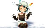  1girl ^_^ artist_name bent_elbows bent_knees black_gloves black_hair black_legwear blush check_commentary closed_eyes collarbone commentary_request eyebrows_visible_through_hair feathers flying_sweatdrops gloves green_hair hair_between_eyes hands_up hat hat_feather kaban_(kemono_friends) kemono_friends pantyhose short_hair shorts signature sitting smile solo strap_slip welt_(kinsei_koutenkyoku) white_background 