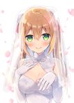  1girl anzu_(sumisaki_yuzuna) bare_shoulders blonde_hair blush breasts bridal_veil bride cleavage closed_mouth collarbone dress elbow_gloves eyebrows_visible_through_hair floral_print frills gloves green_eyes hair_between_eyes large_breasts long_hair looking_at_viewer original pink_petals shiny shiny_hair shiny_skin smile sumisaki_yuzuna twintails veil wedding_dress white_background white_dress white_gloves 