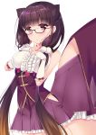  1girl animal_ears bangs bare_shoulders black-framed_eyewear blunt_bangs blush breasts brown_hair center_frills commentary_request cowboy_shot detached_sleeves eyebrows_visible_through_hair fate/grand_order fate_(series) frilled_skirt frills glasses gradient_hair hair_bobbles hair_ornament head_tilt highres ko_yu long_hair long_sleeves looking_at_viewer low_twintails medium_breasts multicolored_hair multiple_views osakabe-hime_(fate/grand_order) parted_lips pleated_skirt purple_hair purple_skirt semi-rimless_eyewear shirt simple_background skirt sleeveless sleeveless_shirt sleeves_past_wrists sweatdrop twintails under-rim_eyewear underbust very_long_hair violet_eyes white_background white_shirt 
