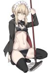  1girl artoria_pendragon_(all) artoria_pendragon_(swimsuit_rider_alter) bikini black_bikini black_legwear blonde_hair fate/grand_order fate_(series) jacket kneeling looking_at_viewer maid_headdress mop navel pale_skin shiseki_hirame simple_background solo swimsuit thigh-highs white_background yellow_eyes 