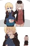  2koma bangs black_hat black_jacket black_legwear black_neckwear black_sweater blonde_hair blue_eyes blue_skirt blue_sweater blush braid cardigan closed_eyes closed_mouth comic cup darjeeling dress_shirt emblem eyebrows_visible_through_hair fud garrison_cap girls_und_panzer hat holding itsumi_erika jacket jacket_on_shoulders kuromorimine_military_uniform long_hair long_sleeves looking_at_another military military_hat military_uniform miniskirt motion_lines necktie open_mouth pantyhose parted_lips pleated_skirt red_shirt red_skirt saucer school_uniform shirt short_hair skirt smile standing sweater teacup tied_hair twin_braids uniform v-neck walking white_background white_shirt wing_collar yuri 