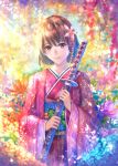  1girl bangs brown_eyes brown_hair butterfly closed_mouth colorful day flower hair_flower hair_ornament holding japanese_clothes katana kimono light_rays lips long_sleeves looking_at_viewer obi original petals pink_flower pink_kimono sakimori_(hououbds) sash sheath sheathed short_hair smile solo sunbeam sunlight sword tareme upper_body weapon wide_sleeves 