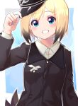  1girl :d arm_at_side arm_up black_hair blonde_hair blue_background blue_eyes blush collared_shirt emblem erica_hartmann eyebrows_visible_through_hair grin hand_on_headwear hat hat_tip long_sleeves looking_at_viewer military military_uniform multicolored_hair open_mouth peaked_cap shiny shiny_hair shirt short_hair sikutogurei_(kunugi_miyaco) smile solo strike_witches tail tareme teeth two-tone_hair uniform upper_body white_shirt wing_collar world_witches_series 