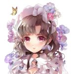  1girl animal bangs blush brown_hair butterfly closed_mouth commentary_request dress earrings eyebrows_visible_through_hair flower jewelry lips long_hair looking_at_viewer original portrait purple_flower red_eyes simple_background solo tukino_(panna) white_background white_dress 