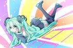  1girl 39 absurdres boots chin_rest detached_sleeves dutch_angle from_side full_body green_eyes green_hair hatsune_miku highres long_hair looking_at_viewer lying nail_polish necktie number_tattoo on_stomach skirt solo tattoo thigh-highs thigh_boots twintails very_long_hair vocaloid 