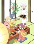  4girls :d ^_^ alternate_hairstyle bag blonde_hair blue_hair chopsticks closed_eyes cup flower fried_chicken furutani_himawari green_tea grey_hair hair_flower hair_ornament handbag highres ikeda_chitose indoors japanese_clothes kfc kimono multiple_girls ochadzuke oomuro_sakurako open_mouth plate purple_hair seiza sitting smile sugiura_ayano table tea twintails yuru_yuri 