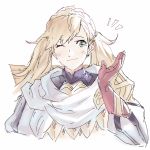  1girl absurdres blonde_hair blush fire_emblem fire_emblem_heroes green_eyes highres long_hair looking_at_viewer one_eye_closed sharena simple_background smile solo twintails white_background 