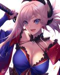  1girl :d asymmetrical_hair bare_shoulders blue_eyes blush breasts cleavage earrings eyebrows_visible_through_hair fate/grand_order fate_(series) fukai_ryousuke halter_top halterneck holding holding_sword holding_weapon jewelry large_breasts long_hair long_sleeves looking_at_viewer magatama miyamoto_musashi_(fate/grand_order) open_mouth pendant pink_hair ponytail shiny shiny_hair signature simple_background sleeves_past_wrists smile solo sword tsurime upper_body weapon white_background 