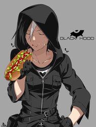  1girl :t absurdres artist_name belt belt_buckle black_gloves black_hair black_hood black_jacket blush breast_pocket breasts buckle character_name closed_eyes closed_mouth collarbone earrings facing_viewer food food_on_face gloves grey_background hairband hand_on_hip heart highres holding holding_food hood hooded_jacket hot_dog jacket jewelry kamezaemon ketchup medium_breasts multicolored_hair mustard original pocket salad simple_background solo streaked_hair upper_body white_hair zipper 