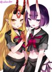  2girls :d :o black_choker black_sailor_collar black_serafuku black_skirt blonde_hair blush choker collarbone commentary_request earrings eyebrows_visible_through_hair facial_mark fang fangs fate/grand_order fate_(series) fingernails forehead_mark ibaraki_douji_(fate/grand_order) ichiyou_moka jewelry long_fingernails long_hair looking_at_viewer multiple_girls navel neckerchief oni_horns open_mouth panties pelvic_curtain pleated_skirt pointy_ears purple_hair purple_ribbon red_neckwear red_skin ribbon sailor_collar school_uniform serafuku short_hair short_sleeves shuten_douji_(fate/grand_order) side-tie_panties simple_background skirt smile standing thick_eyebrows tsurime twitter_username underwear very_long_hair violet_eyes white_background yellow_eyes 