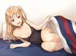  1girl :d alternate_costume arm_support azur_lane bare_arms bare_legs bare_shoulders bed bed_sheet black_choker blanket blonde_hair breasts camisole choker cleavage cleveland_(azur_lane) indoors legs_together long_hair looking_at_viewer lying medium_breasts on_bed on_side one_side_up open_mouth pillow red_eyes shiny shiny_hair sleeveless smile solo star strap_slip takeume under_covers underwear underwear_only wall 