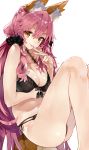  1girl :p absurdres animal_ears bangs bare_arms bare_shoulders black_bra black_panties black_ribbon bra breast_hold breasts cleavage closed_mouth eyebrows_visible_through_hair fate/extra fate_(series) feet_out_of_frame fox_ears frills front-hook_bra hair_between_eyes hair_ornament highres knee_up kou_mashiro large_breasts lingerie long_hair looking_at_viewer nail_polish panties pink_nails ribbon shiny shiny_hair shiny_skin sitting skindentation smile solo tamamo_(fate)_(all) tamamo_no_mae_(fate) thighs tongue tongue_out underwear v v-shaped_eyebrows yellow_eyes 