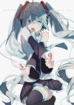  1girl 39 ahoge aqua_eyes aqua_hair character_name crossed_arms dated detached_sleeves hatsune_miku long_hair looking_at_viewer necktie open_mouth pleated_skirt skirt solo thigh-highs twintails very_long_hair vocaloid yuno_tsuitta 