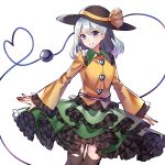  1girl :d black_hat blue_eyes cleavage_cutout eyebrows_visible_through_hair frilled_skirt frilled_sleeves frills gem_oblivion green_skirt hat hat_ribbon heart heart_button heart_of_string highres komeiji_koishi long_sleeves medium_hair open_mouth ribbon shirt silver_hair simple_background sketch skirt smile solo third_eye touhou white_background wide_sleeves yellow_shirt 