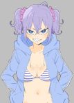  1girl absurdres blue_eyes breasts cleavage donguri_suzume grey_background grin hair_between_eyes hair_ornament hair_scrunchie hands_in_pockets highres hood hooded_jacket hoodie jacket large_breasts looking_at_viewer navel open_clothes open_hoodie original purple_hair scrunchie sharp_teeth short_twintails simple_background smile solo striped_bikini_top teeth tsurime twintails 