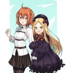  2girls :d abigail_williams_(fate/grand_order) arm_hug bangs black_bow black_dress black_hat black_legwear black_skirt blonde_hair bloomers blush bow brown_hair butterfly chaldea_uniform commentary_request dress eyebrows_visible_through_hair fate/grand_order fate_(series) forehead fujimaru_ritsuka_(female) green_eyes hair_between_eyes hair_bow hair_ornament hair_scrunchie hat jacket long_hair long_sleeves mizoredama multiple_girls one_side_up open_mouth orange_bow orange_scrunchie pantyhose parted_bangs polka_dot polka_dot_bow scrunchie skirt sleeves_past_fingers sleeves_past_wrists smile underwear uniform upper_teeth very_long_hair white_bloomers white_jacket 