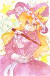  1girl blonde_hair crescent dress gloves hat highres kirisame_marisa kirisame_marisa_(pc-98) long_hair looking_at_viewer pose shiz_(#0077) smile solo star touhou touhou_(pc-98) traditional_media wand watercolor_(medium) witch_hat yellow_eyes 