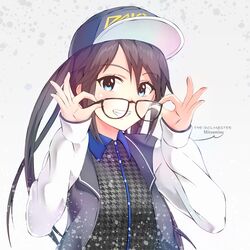  1girl baseball_cap black_hair blue_eyes blush commentary eyebrows_visible_through_hair glasses grin hat highres idolmaster idolmaster_shiny_colors jacket long_hair long_sleeves looking_at_viewer mitsumine_yuika ns.x removing_eyewear smile solo teeth twintails 