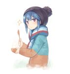  1girl :&lt; bangs beanie blue_hair blush bowl from_side hat holding holding_spoon jacket long_sleeves looking_at_viewer poco_(asahi_age) pom_pom_(clothes) scarf shima_rin short_hair simple_background solo sparkle spoon striped striped_scarf upper_body violet_eyes white_background winter_clothes yurucamp 