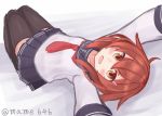  1girl artist_name black_legwear blush brown_hair check_commentary commentary_request hair_ornament hairclip ikazuchi_(kantai_collection) kantai_collection looking_at_viewer lying on_back open_mouth orange_eyes outstretched_arms pleated_skirt reitou_mikan school_uniform serafuku short_hair skirt smile thigh-highs 