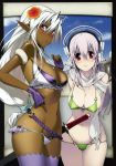  2girls :&lt; absurdres antenna_hair arms_behind_back bare_shoulders bikini blush breasts cleavage crossover dark_elf dark_skin day elf erect_nipples fingerless_gloves flower gloves green_bikini hair_between_eyes hair_flower hair_ornament headphones hibiscus highres katana large_breasts lips long_hair looking_at_viewer midriff multi-strapped_bikini multiple_girls namaniku_atk navel nitroplus o-ring o-ring_bikini official_art outdoors pink_hair pointy_ears purple_legwear red_eyes sansei_muramasa scan scarf shiny shiny_skin silver_hair smile soukou_akki_muramasa standing string_bikini super_sonico swimsuit sword thigh-highs thigh_gap weapon 