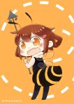  1girl artist_name bee_costume blush brown_hair commentary_request dated hair_ornament hairclip hinata_yuu holding holding_weapon ikazuchi_(kantai_collection) insect_wings kantai_collection open_mouth orange_background orange_eyes short_hair weapon wings 