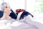  1girl apron azur_lane bed_sheet belfast_(azur_lane) blurry blush braid breasts commentary_request depth_of_field dx_(dekusu) eyebrows_visible_through_hair french_braid frilled_apron frills indoors large_breasts long_hair looking_at_viewer looking_back lying maid maid_apron maid_headdress on_bed on_side open_mouth pantyhose silver_hair solo twitter_username white_apron white_legwear 